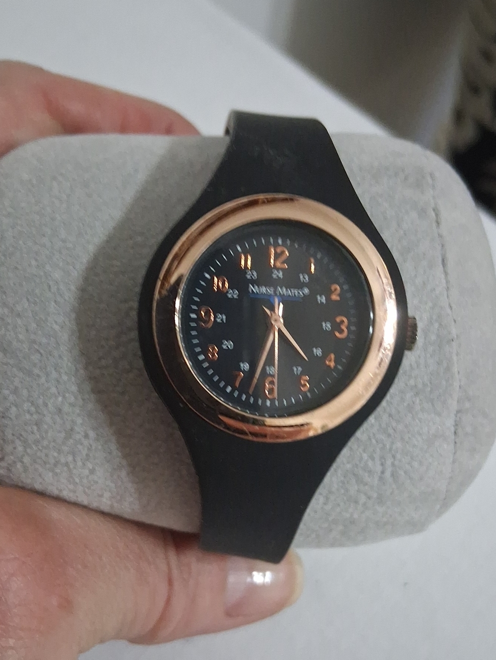 Nurse Mates Black Silicone Watch with Rose Gold Bezel